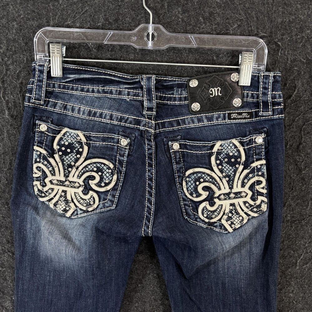Miss Me Signature Bootcut Jeans Women's 29 Blue Stretch Fleur De Lis Rhinestone